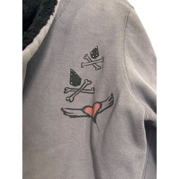 Volcom Womens Fleece Lined Hoodie Size L Gray Pink Winged Heart Print Zip Up - Picture 7 of 8